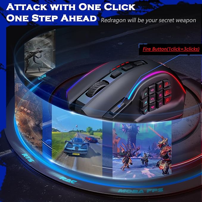 Redragon Wireless Gaming Mouse, MMO Gaming Mouse UP 16,000 DPI, 16 Macro Programmable Buttons, RGB Rechargeable with 12 Side Buttons, 70Hrs for PC Laptop MOBA FPS, M901P-KS - Image 4