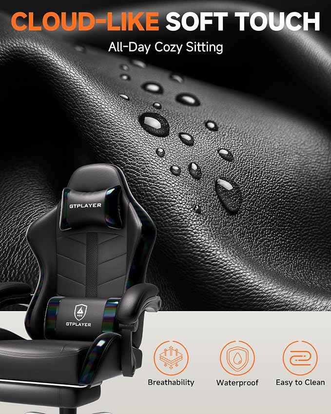 GTPLAYER Gaming Chair, Computer Game Chair for Adults, Iridescent Black | Ergonomic Comfort Video Game Chair with Footrest 90-155°Recline, Head Lumbar Support & Height Adjustable for Office Gaming - Image 8