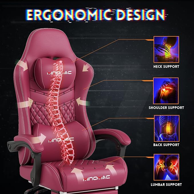 Gaming Chair,Big and Tall Gaming Chair 400lbs Office Chair with Footrest, 90-155° Recline & Removable Headrest Lumbar Support[Spring + 4D Sponge] (RED) - Image 7