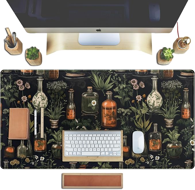 Black Aesthetics Desk Mat Mouse Pad Large Gaming Mouse Pad Desk Pad Mousepad, Mystical Green Plant Computer Laptop Keyboard and Mouse Mat, Desktop Protector Mat for Women Girl Office 31.5x15.8 in - Image 4