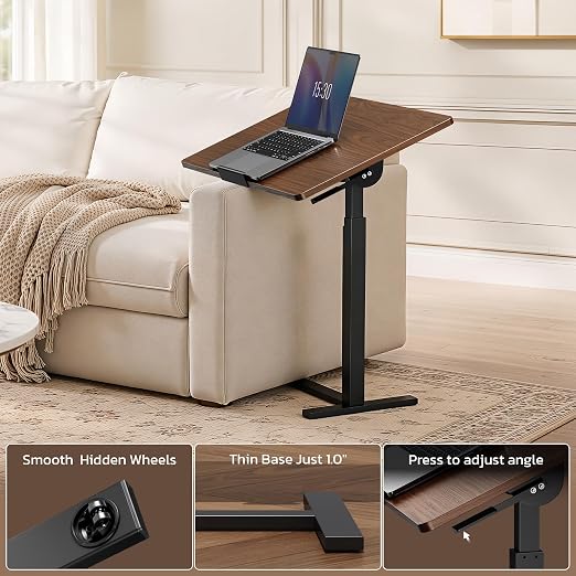 Mobile Standing Desk Adjustable Overbed Table, Pneumatic Height Adjustable Rolling Laptop Desk with Hidden Wheels, 0-180°Tilt Top Rolling Computer Cart Foldable for Home Office, Craft & Study, Brown - Image 7