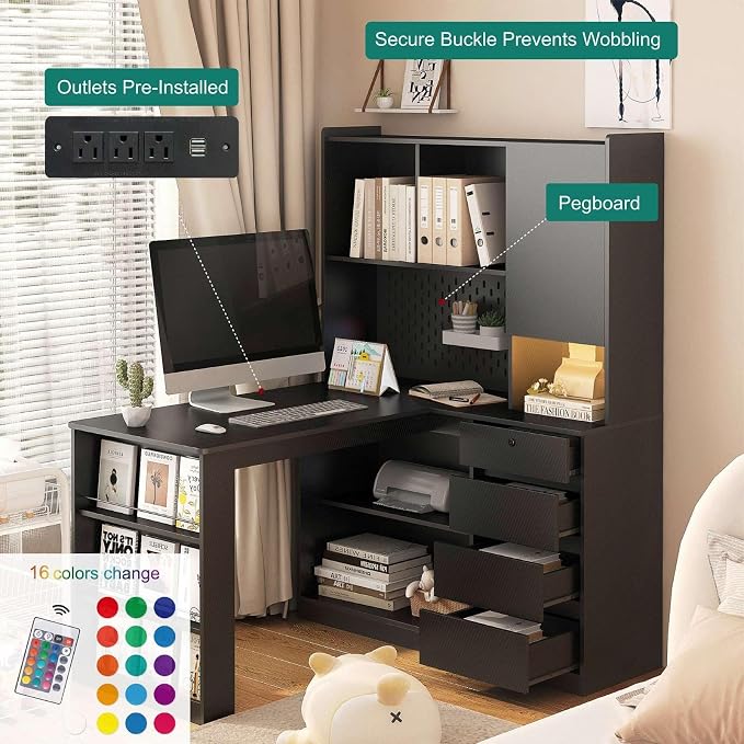L Shaped Desk with Power Outlets and USB Charging Ports, Black Corner Computer Desk with Drawers, Bookshelf, LED Light, Pegboard, Modern Home Office Gaming Writing Study Table - Image 3