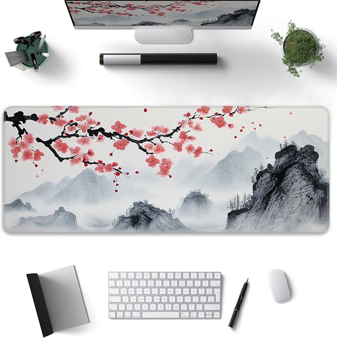 Japanese Watercolor Cherry Blossoms Desk Mat, XL 31.5"x11.8" Large Mouse Pad, Sakura Extended Gaming Mouse Mat,Non-Slip Rubber Base Waterproof with Stitched Edges for Gaming Office Home Decor - Image 2