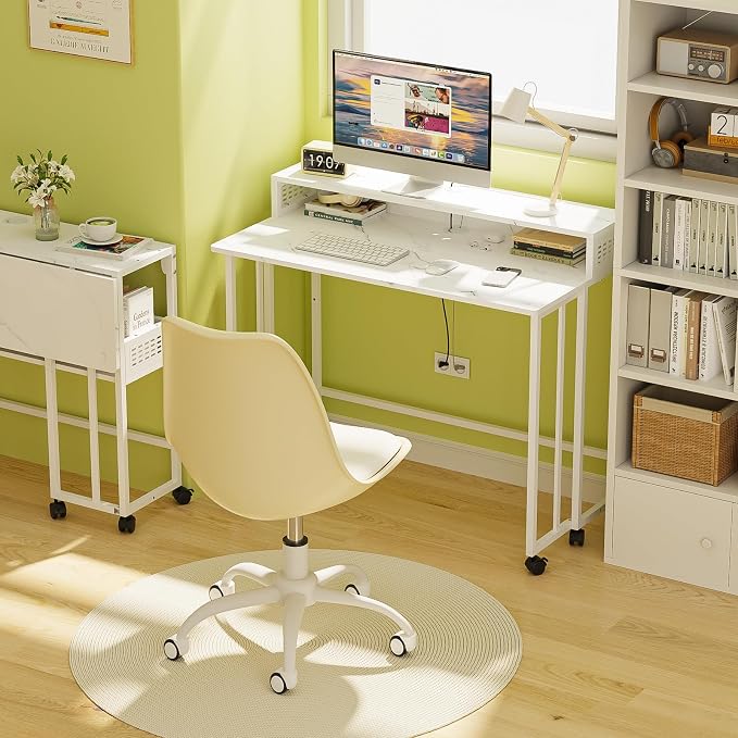 31.5" Folding Desk with Storage Shelf, Small Rolling Desk, White Marble - Image 4