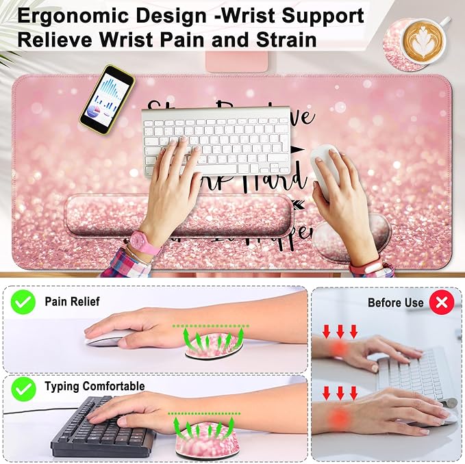 4 in 1 Mouse Pad and Keyboard Wrist Rest,Large Desk Mat,Coaster Set-Pink - Image 2
