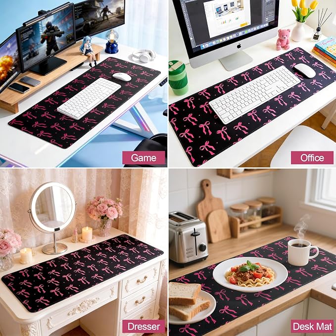 Large Gaming Mouse Pad 31.5 x 11.8in Desk Mat for Office Mousepad Anti-Skid Rubber Base Soft Comfortable and Durable Desk Pad (Black Bow) - Image 2