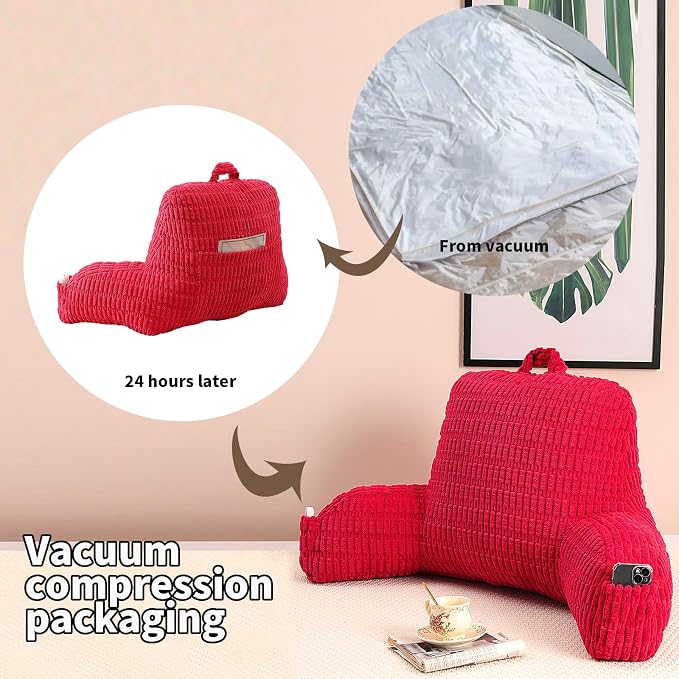 Reading Pillow for Sitting in Bed with Arm,Red Corduroy,M | Sitting Pillow for Teens Back Support,17" Backrest Pillow Supports Reading,Gaming & Relaxing in Bed,Couch,or Floor - Image 4
