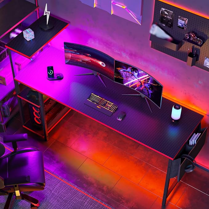 Bestier Gaming Desk with Shelves, 61 Inch Large PC Gaming Table with LED Lights, Led Gamer Desk with 4 Tiers Reversible Storage Shelves for Game & Bedroom Room (Black Grained) - Image 2