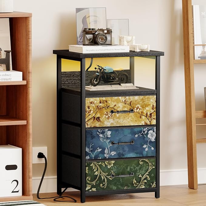 Fixwal Night Stand with 3 Fabric Drawers, Nightstand with Charging Station - Image 6