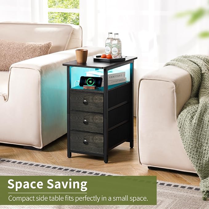 Yoobure End Table with Charging Station, LED Narrow Side Table Bedside Table, Small Night Stand End Tables Living Room, Skinny Nightstand with 3 Fabric Drawers, Side Tables Bedroom for Small Spaces - Image 3
