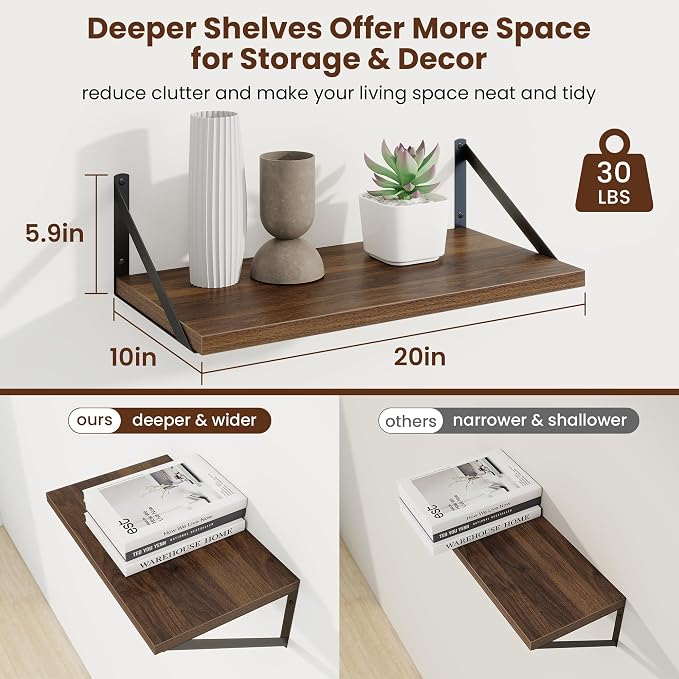 Axeman 20 Inch Floating Shelves, 10 Inch Deep Walnut Wall Shelves Set of 2 - Image 3