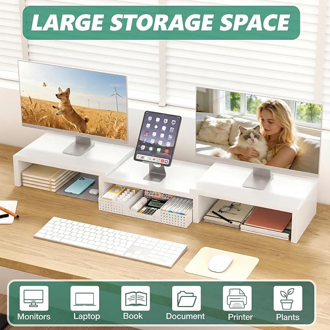 OPNICE Dual Computer Monitor Stand Riser, Desk Organizer with Drawer, Office Desk Accessories & Workspace Organizers for Home Office Supplies, White - Image 7