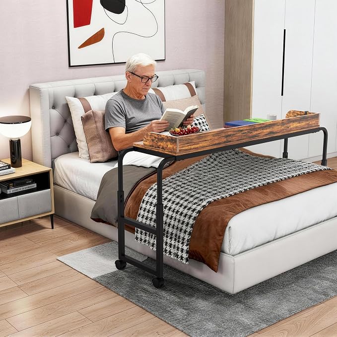 Overbed Table with Wheels, Mobile Bed Table with Adjustable Height Length, Desk for Bed Queen King Size with Charging Station and LED Light, Rolling Table for Eating, Laptops, Hospitals - Image 3