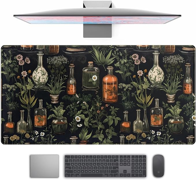 Black Aesthetics Desk Mat Mouse Pad Large Gaming Mouse Pad Desk Pad Mousepad, Mystical Green Plant Computer Laptop Keyboard and Mouse Mat, Desktop Protector Mat for Women Girl Office 31.5x15.8 in by TENG+DA+QING