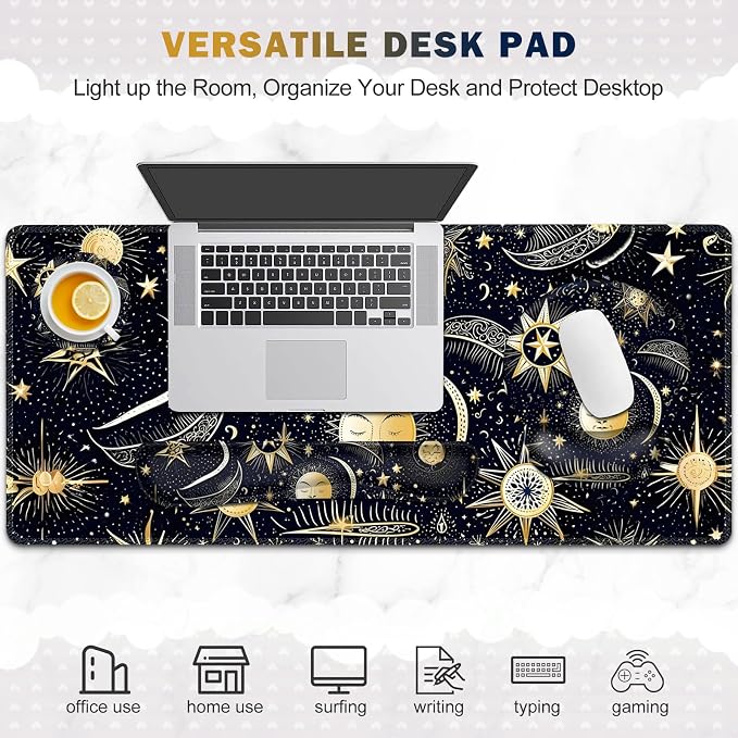Gaming Mouse Pad, Large Desk Mat, Cute Desk Pad Protector, 4in1 XXL Mousepad + Keyboard Wrist Rest+Mouse Wrist Rest+Coaster Set with Ergonomic Desk Pad for Home Office PC Computer, Stars and Moon - Image 8