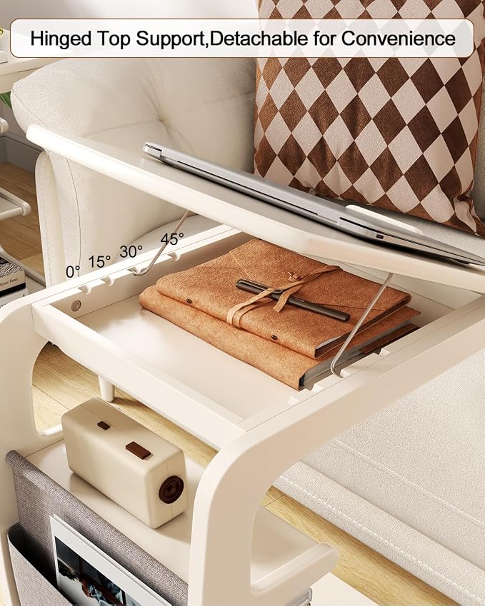 AQIMUELE Wooden C-Shaped End Table,Couch Desk with 2 Lockable Wheels,4-Tier Couch Table with Storage Bag,Small Rolling Side Table Tv Trays for Couch, Living Room,Bedroom (White) - Image 2