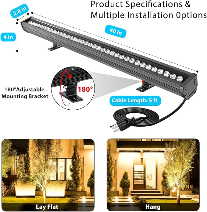 LED Wall Washer Light Bars, 54W 2700K Warm White Wall Washer Light, IP67 Waterproof Heavy Duty 120V 6480LM Outdoor Linear Lights with On/Off Switch, for Landscape Garden Yard (40 Inch) - Image 9