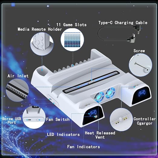 SOTY PS5 Cooling Station for Slim/Pro, Cooling Fan, Controller Charger - Image 7