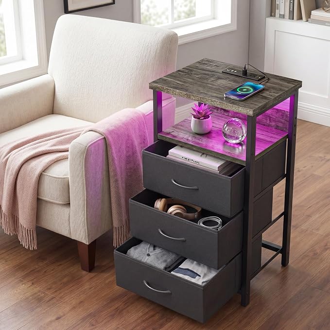 Fixwal Night Stand with 3 Fabric Drawers, Nightstand with Charging Station - Image 6