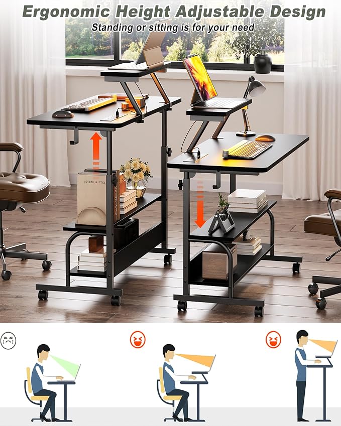 Height Adjustable Standing Desk with Power Outlets and LED Lights - 32" Manual Stand Up Desk with Monitor Stand and Storage Shelves Small Mobile Rolling Computer Desk Portable Laptop Table, Black - Image 4