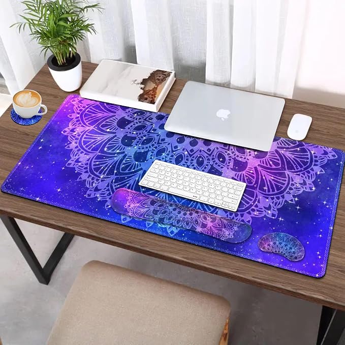 AIMSA Keyboard Mouse Pad Set, Large Gaming Mouse Pad +Wrist Rest Mouse Pad +Keyboard Wrist Support +Coaster, 35x15.7 inch Extended Desk Mat for Easy Typing Pain Relief (Blue Purple Mandala) - Image 6
