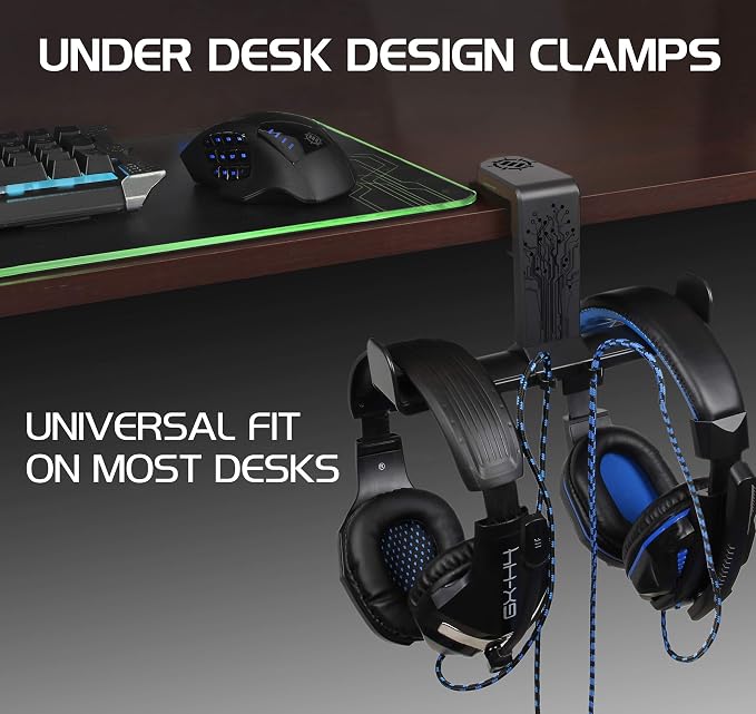 ENHANCE PC Gaming Dual Headphone Stand - Clip-On Desk Headphone Holder with Adjustable 360 Rotation, Under Desk Headset Holder, Universal Fit, & Double Cable Loops Organizer with Silicone Pads - Image 5