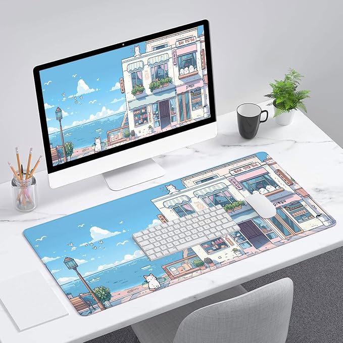 Cute Kawaii Gaming Mouse Pad Desk Pad Anime Street Aesthetics Large Gaming Mouse Mat with Stitched Edges,Non-Slip Waterproof Rubber Base Mous Mat Office Computer Keyboard Laptop Home 31.5"x11.8" - Image 3
