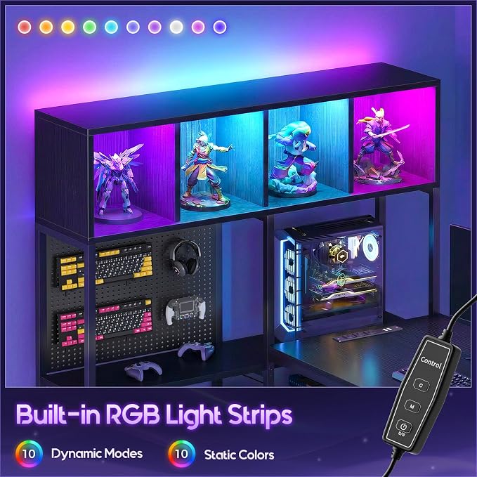AODK 63" L Shaped Gaming Desk with Display Hutch and Large Desktop, Black | LED Lights, Power Outlets, PC Tower Display Shelf, Pegboard, Storage Shelves, Reversible Layout for Gaming and Home Office - Image 6