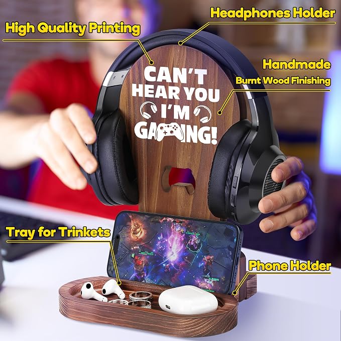 Gamer Gifts for Teenage Boy, Gamer Room Decor for Man, Best Gifts for Son, Boyfriend, Husband, Wooden Headset Stand, Can't Hear you I'm Gaming - Image 3