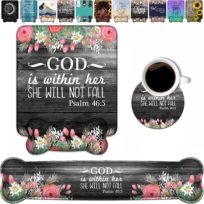 Wrist Rest Support Ergonomic Gel Mouse Pad & Memory Foam Keyboard Set, Non-Slip Rubber PU Base for Home Office Working Studying Easy Typing & Pain Relief - Floral Quote Bible Verses Psalm 46:5 by Unknown