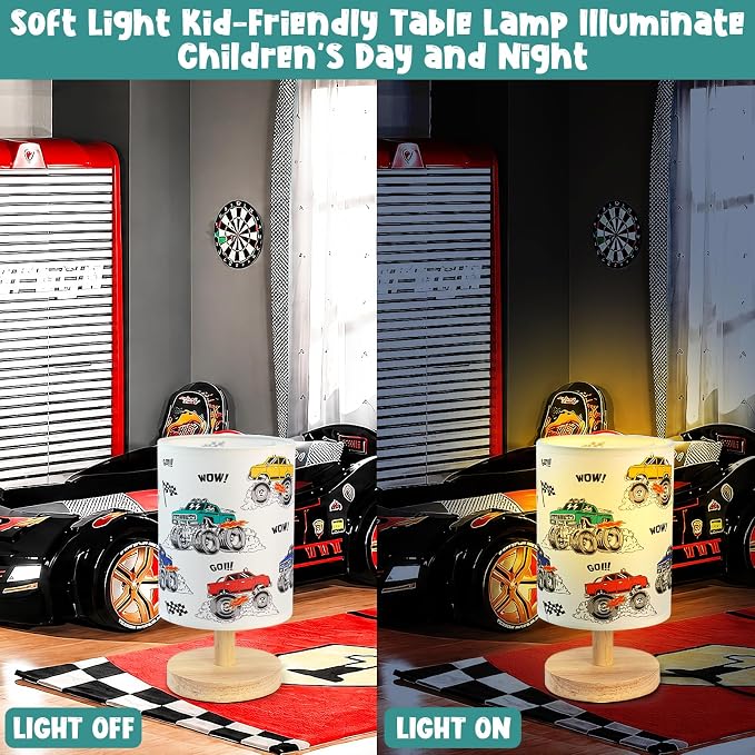 Construction Truck Table Lamp for Kids Bedside Lamp with Linen Wooden Nightstand Cartoon Nursery Lampshade for Bedroom Desk Birthday - Image 5