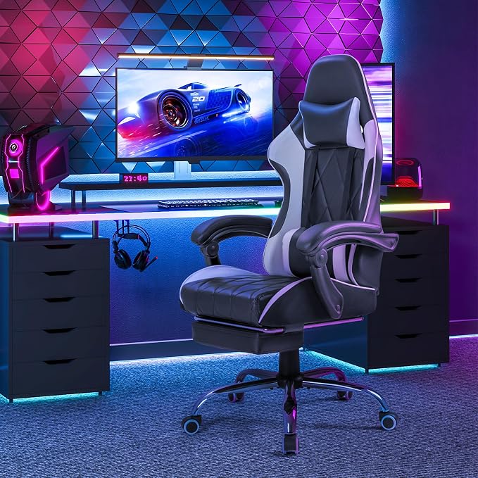 Homall Gaming Chair, Computer Chair with Footrest and Massage Lumbar Support, Ergonomic High Back Video Game Chair with Swivel Seat and Headrest (White) - Image 6