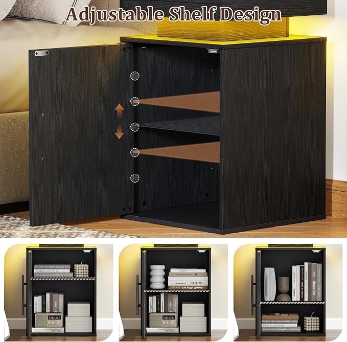 Black Nightstand Set of 2 with LED Lights, Large Storage Bedside Table with Magnetic Door, Black Wooden Bedroom Night Stand - Image 4