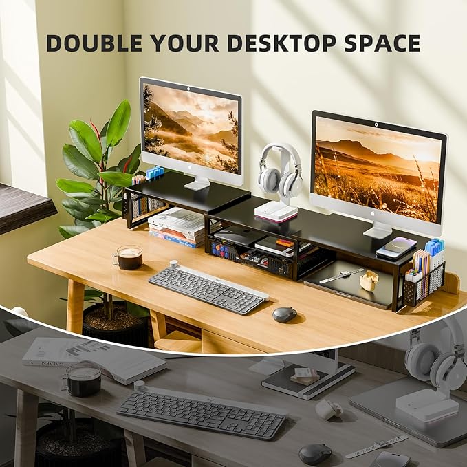 Simple Trending Dual Monitor Stand with Drawer and 2 Pen Holders, Black | 42"L x 9.5"W x 4.75"H. Sturdy metal. Fits 2 monitors. Reduces neck strain. Drawer + 2 pen holders. Easy assembly. 24h support - Image 4