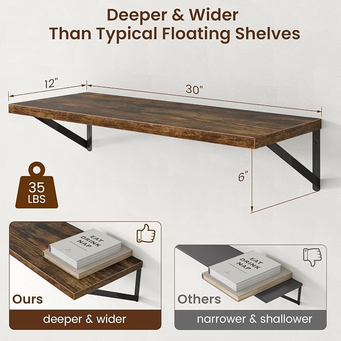 Axeman Deep Floating Shelves - 30 Inch Floating Shelves Set of 2-12 Inch Deep Brown Wood Wall Shelves for Living Room Bathroom Kitchen - Image 3