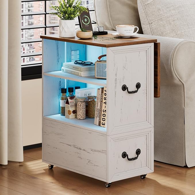 Dystler Rolling Side Table Set of 2 on Wheels, with Charging & LED Lights - Image 8