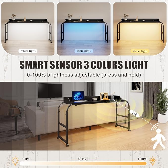 HWB Bed Table Desk with Wheels & Adjustable Height, LED Lights - Image 3