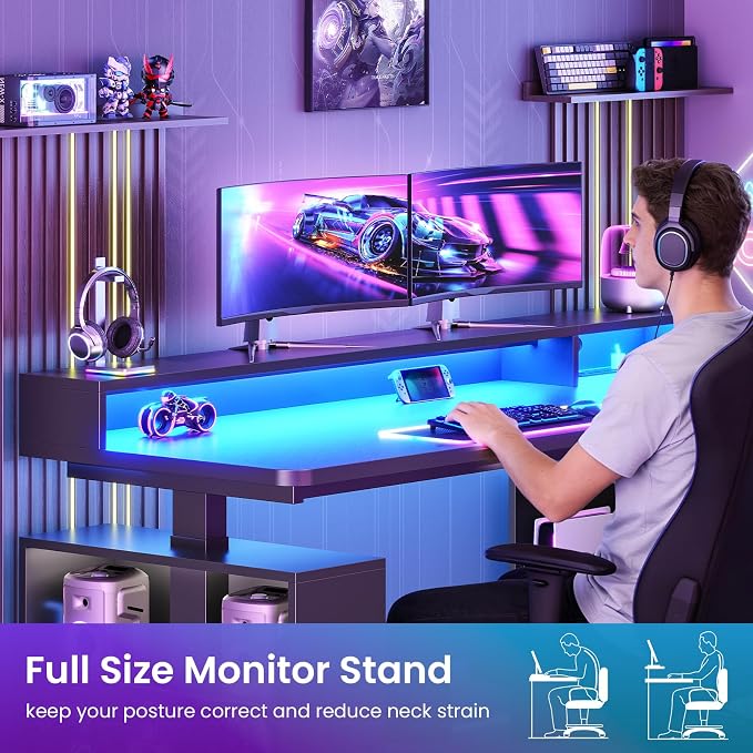 SEDETA L Shaped Gaming Standing Desk, 63 inch Height Adjustable Office Executive Desk with Storage Shelves and Monitor Stand, Computer Gaming Desk with Power Outlet, LED Lights for Home Office, Black - Image 9