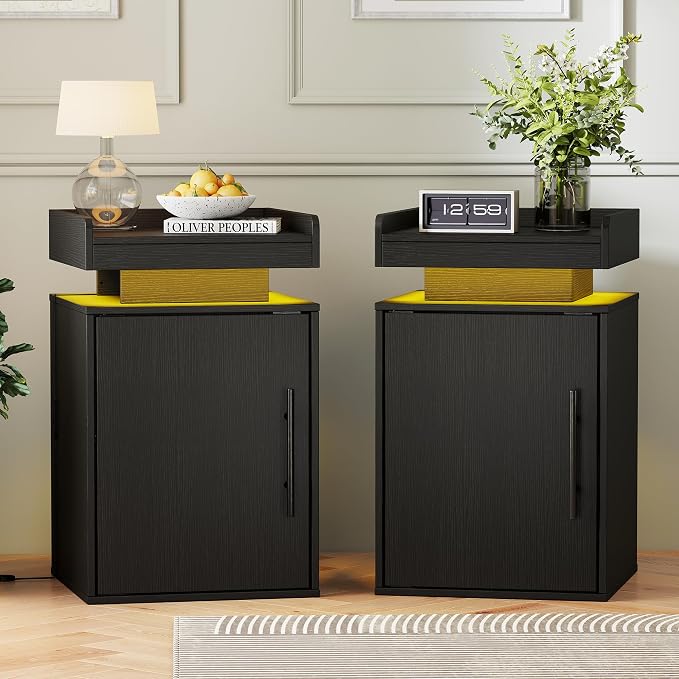 Black Nightstand Set of 2 with LED Lights, Large Storage Bedside Table with Magnetic Door, Black Wooden Bedroom Night Stand by Suuiwau