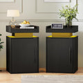 Black Nightstand Set of 2 with LED Lights, Large Storage Bedside Table with Magnetic Door, Black Wooden Bedroom Night Stand by Suuiwau
