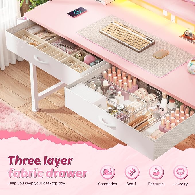 DurayLoly 47.3” Office Computer Desk with LED Lights&2 Fabric Drawers,Pink - Image 4