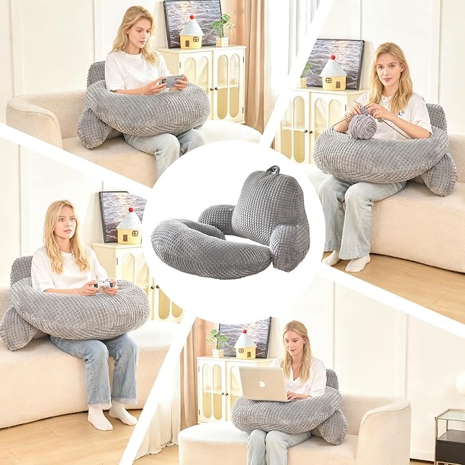 17" Reading Pillow for Bed,U Shaped Arm & Elbow Support,Gray Flannel | Backrest Supports Back,U shaped Lap Pillow Cushions Arms,Elbows & Wrists,Soft Flannel for Reading,Gaming,Watching TV - Image 5