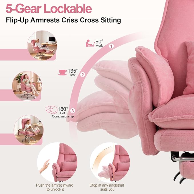 Office Chair with Flip Armrests & Foot Rest,Criss Cross Legged Home Office Desk Chair with Pet Seat,Ergonomic Reclining Computer Gaming Chair,High Back Executive Chair with Lumbar Pillow (Pink) - Image 7