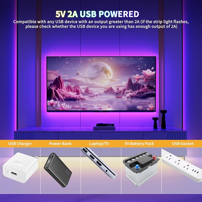 PAUTIX 5V USB COB RGB LED Strip Light 9.84ft/3m Color Changing Light Strips,TV Backlight Multicolor Flexible Under Cabinet Tape Lights with Bluetooth Control for Bedroom,Kitchen,Home DIY Lighting - Image 6