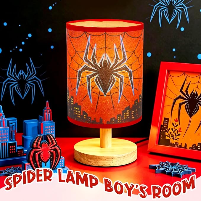 Spider Table Lamp for Boys - Spider Night Light & Bedroom Bedside Lamp with Linen Lampshade and Wooden Stand, Cartoon Nursery Lamp for Desk, Home Decor - Image 7