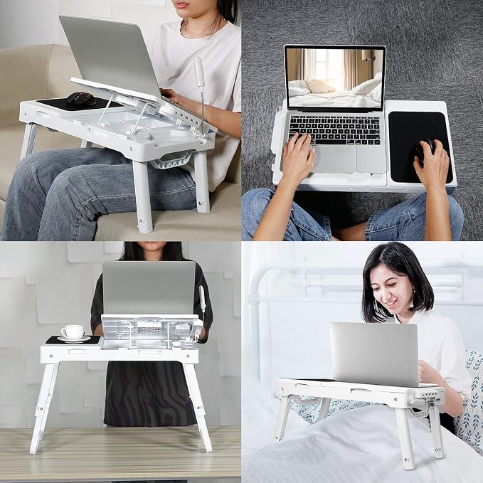 TeqHome Laptop Table for Bed, Adjustable Laptop Bed Desk with Fan, 4 USB Ports, Portable Lap Desk with Foldable Legs, Laptops Stand for Couch Sofa Bed Tray with LED Light, Storage, Mouse Pad - White - Image 5