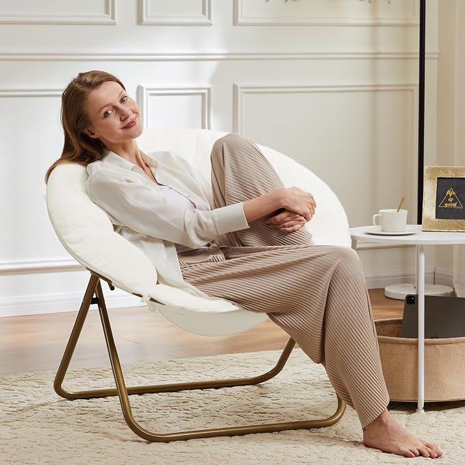 DUMOS Faux Fur Saucer Chair, Foldable Comfy Chair for Bedroom, White | Lounge XL Moon Mushroom Style, Circle Round Oversized Accent Seat, Gaming Dorm Small Spaces, Comfortable Modern - Image 5