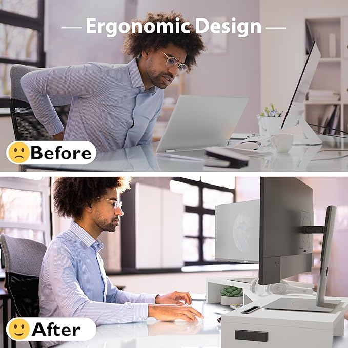 BONTEC Dual Monitor Stand Riser, Adjustable Length & Swivel Angle, White | Ergonomic Wooden Desktop Organizer with Smartphone Holder, Computer Monitor Stand for PC, Laptop,Printer and Large Storage - Image 4