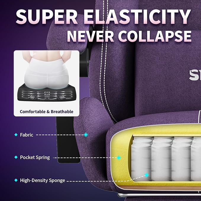 SITMOD Fabric Gaming Chair with Footrest-Breathable Computer Chair with Headrest & Lumbar Pillow,Big and Tall Ergonomic Gamer Chair for Heavy Adults,22.44" Deep Seat Gaming Chairs for Adults(Purple) - Image 6