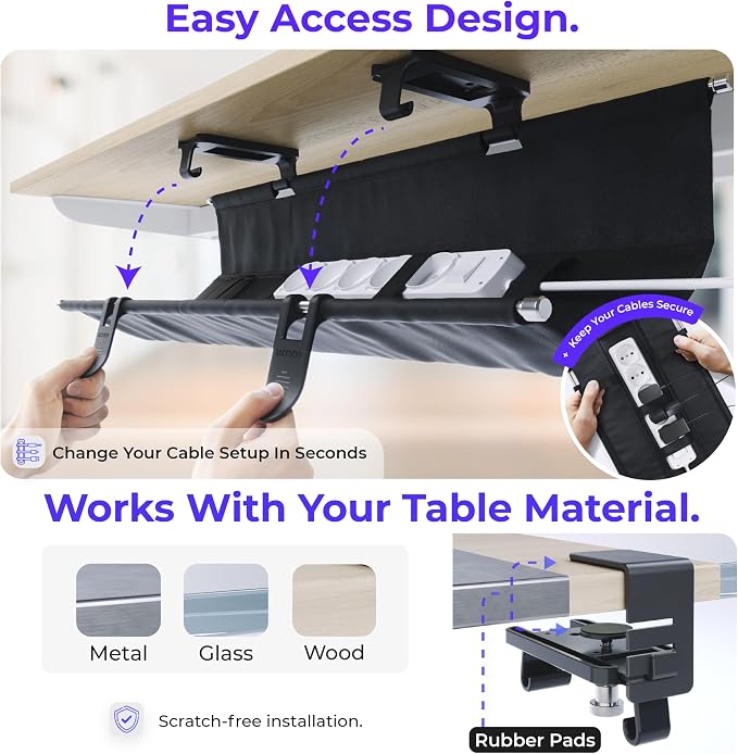 Ascrono Original No Drill Under Desk Cable Management Tray 27.3" - Premium Black Fabric Cable Management Under Desk - Clamp/Screw Mount Cord Organizer - Supports Upto 66lbs - Image 3